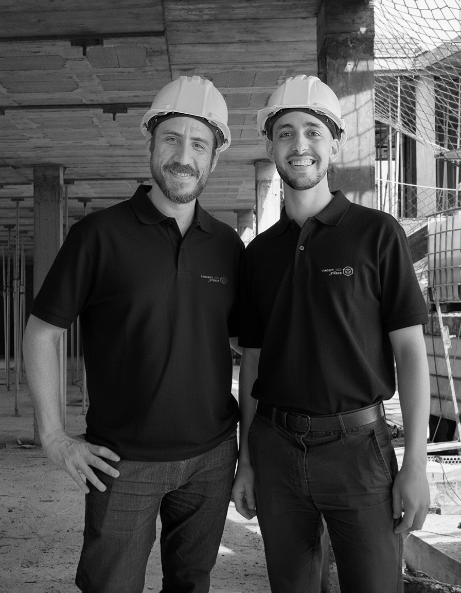 Fotografía en blanco y negro de Gastón L. Altizio y Santiago Lubian en sitio de construcción, con uniforme de concept-studio y casco protector.